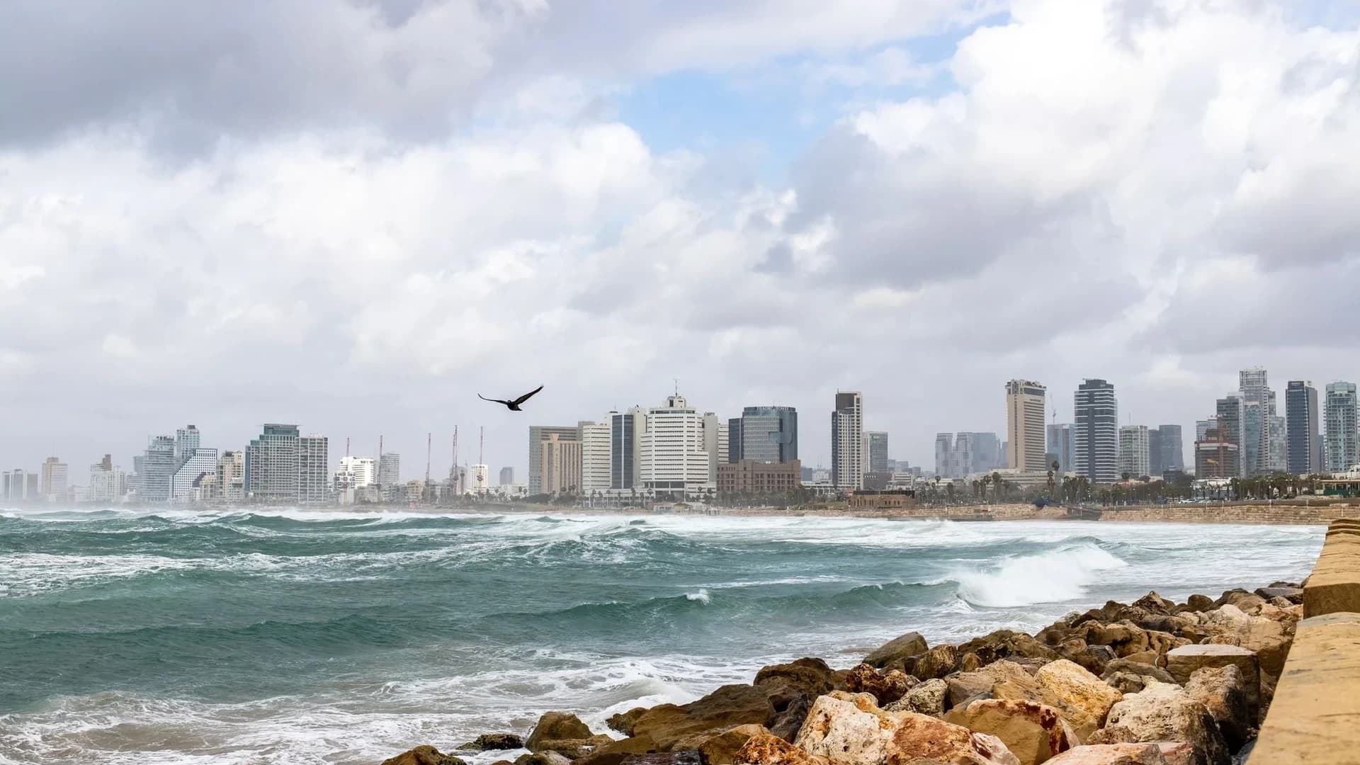 Interceptor missile trails over Tel Aviv sky