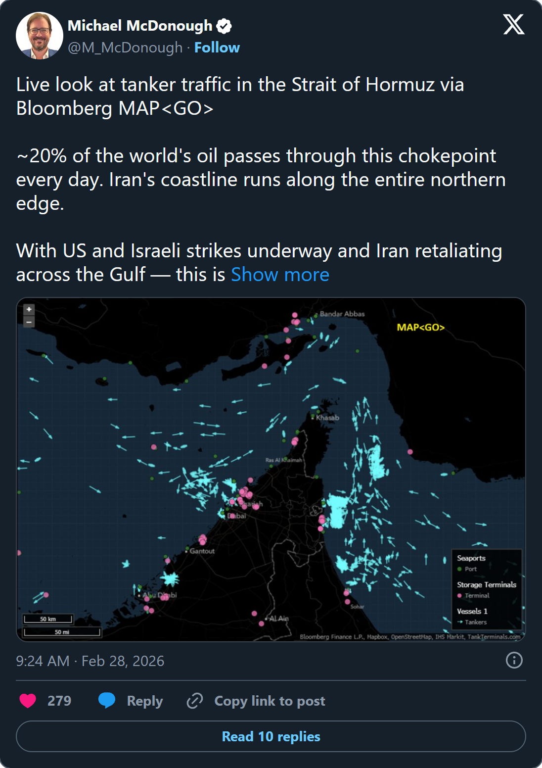 Bloomberg MAP: Live tanker traffic in the Strait of Hormuz as US-Israeli strikes begin