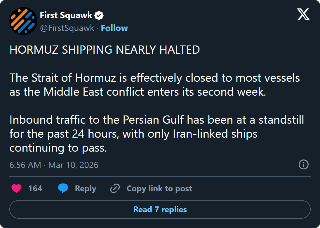 First Squawk: Hormuz effectively closed, only Iran-linked ships passing