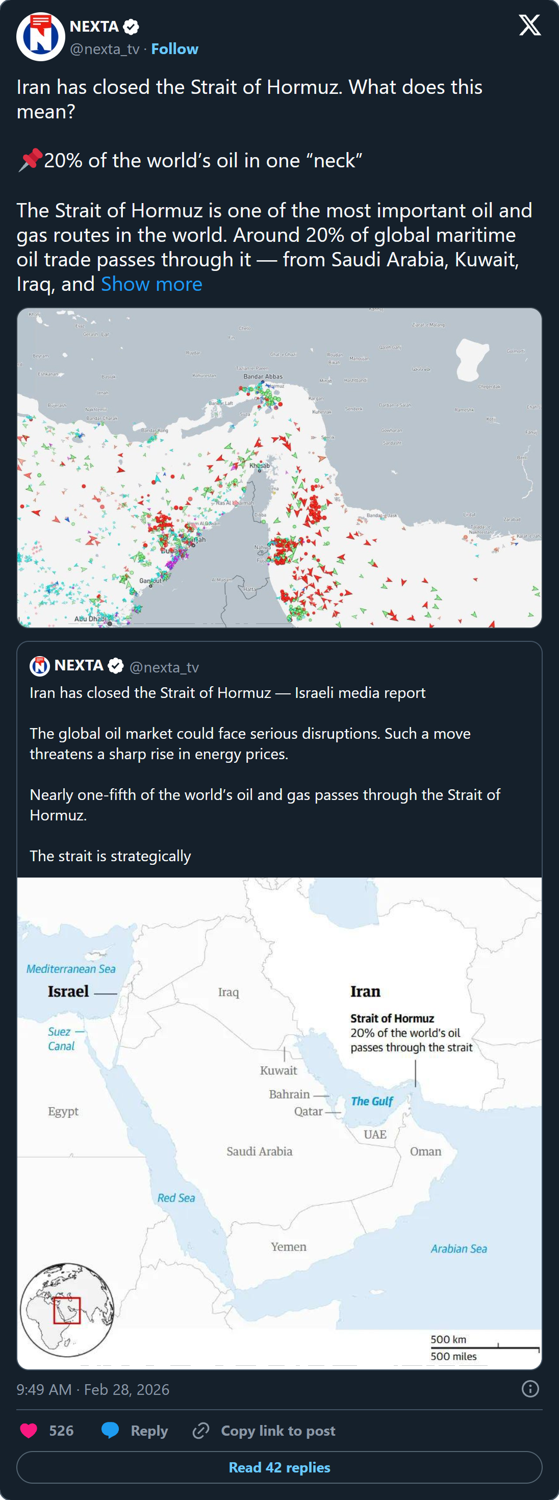 NEXTA: Iran closes the Strait of Hormuz — what 20% of global oil means