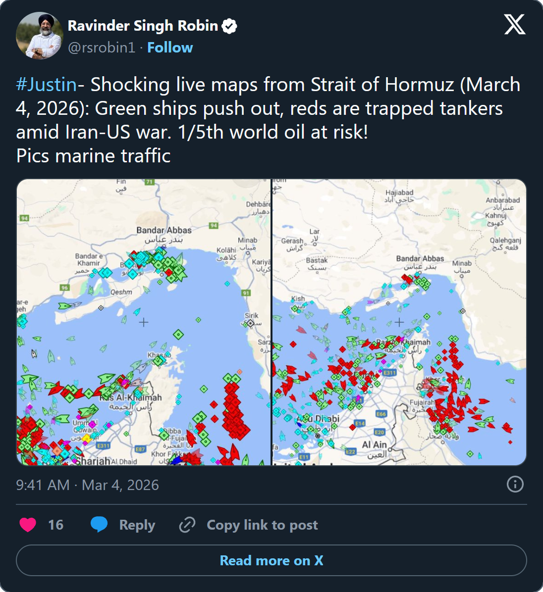 Live maps show trapped tankers (red) amid Iran-US conflict