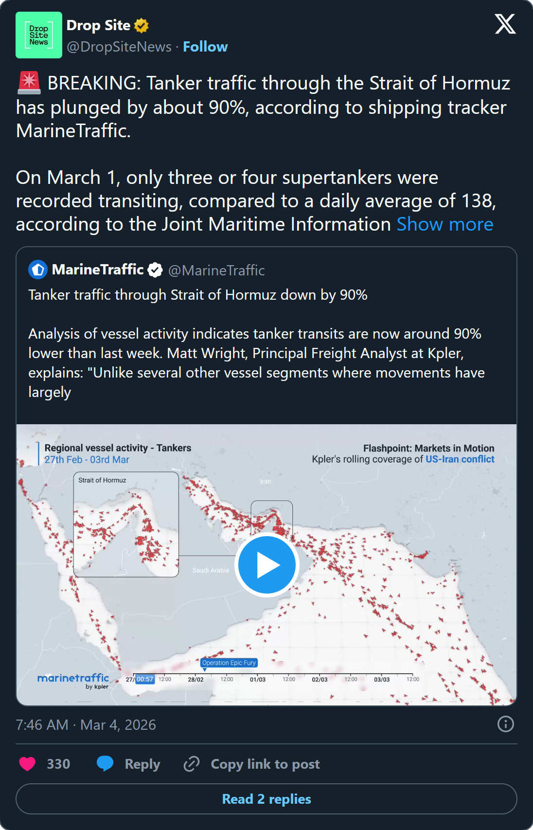Tanker traffic plunges 90% — only 3-4 supertankers vs daily average of 138
